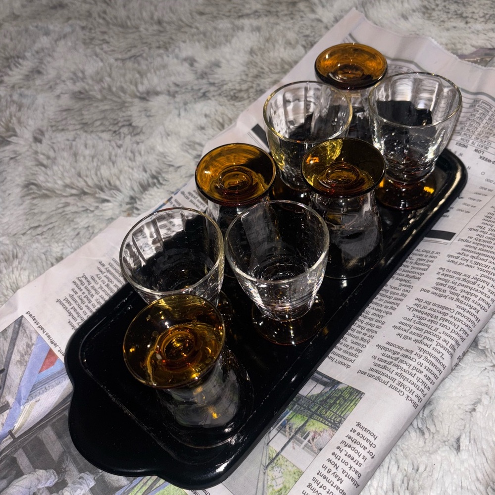 Vintage Amber and Clear liquor Glass Set with Black Tray
